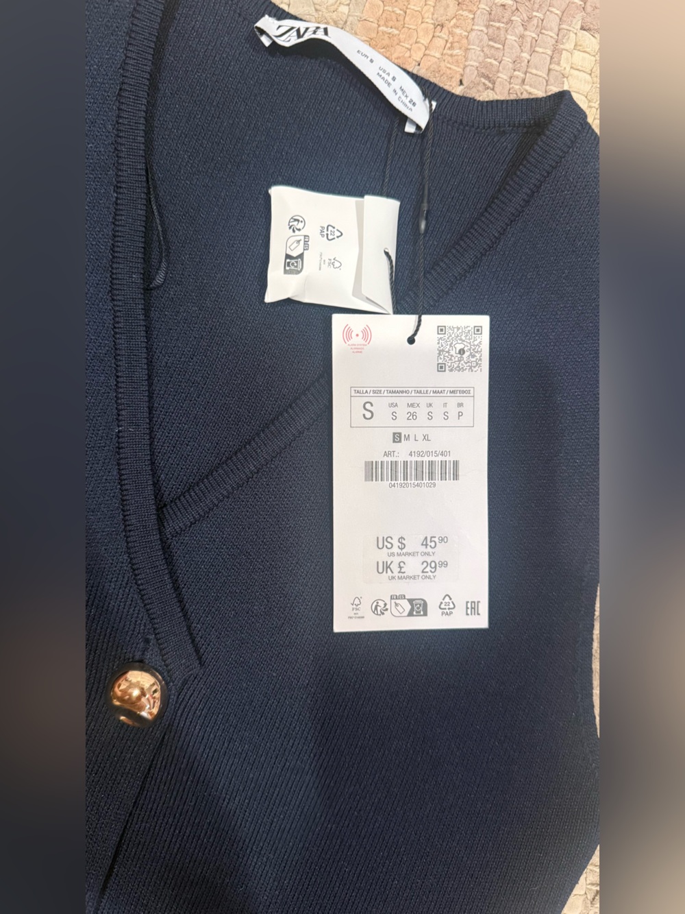 Zara Navy Sleeveless V-Neck Button Knit Top small - Picture 3 of 3